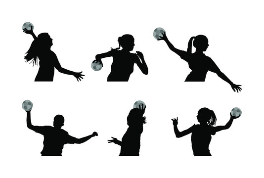 Handball player in action vector silhouette illustration isolated on white background. Woman handball player symbol. Handball girl jumping in the air. Handball (soccer) goalkeeper silhouette vector.