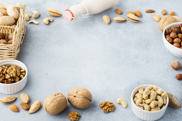 Dairy free milk substitute and ingredients. Various raw nuts.