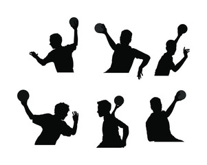 Handball player in action vector silhouette illustration. Elegant body sport figure, boy black shadow. Dynamic athlete jump and shooting penalty in goal. Sport man handball attack target shut in jump,