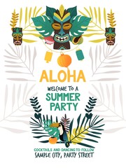 Invitation poster template for hawaiian summer party with traditional Hawaii island symbols. - obrazy, fototapety, plakaty