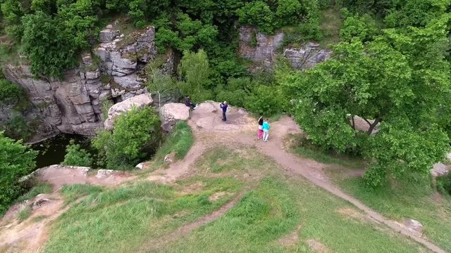 Ukrainian canyon in the village of Buki bird's-eye view. Drone removes from the height of the canyon of the Buka River, white cliffs, meadows, trees.