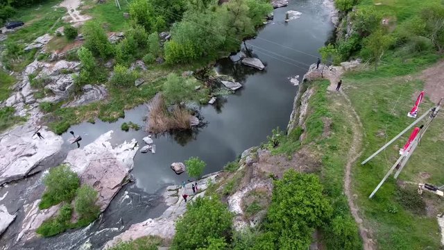 Ukrainian canyon in the village of Buki bird's-eye view. Drone removes from the height of the canyon of the Buka River, white cliffs, meadows, trees.