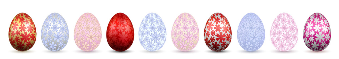 Easter egg 3D icon. Color eggs set, isolated white background. Pastel, gold flower design, decoration Happy Easter celebration. Holiday element. Shiny pattern. Spring symbol. Vector illustration