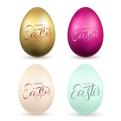Easter egg 3D icon. Gold, pastel eggs set, lettering, isolated white background. Realistic design. Hand drawn decoration Happy Easter celebration. Text pattern for spring holiday. Vector illustration