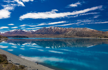 Lake Tekapo with reflection of sky and mountains, New Zealand