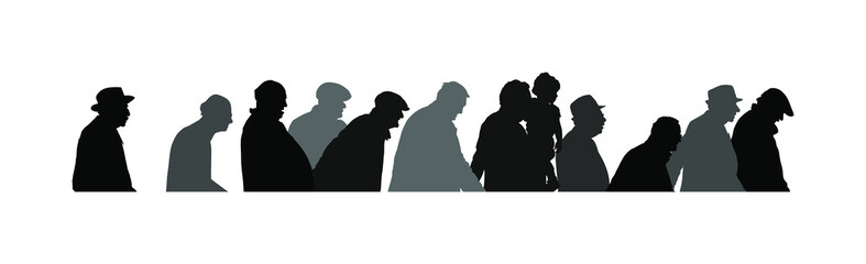 Elderly seniors walking crowd vector silhouette isolated on white. Old man person with stick. Mature old people active life. Grandfather veterans company. Health care in nursing home. Senior meeting.