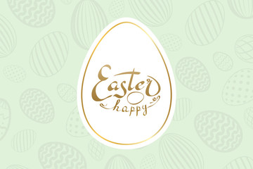 Happy Easter background, lettering, eggs texture pastel. Greeting Easter 3D card. Gold decoration frame, handwritten inscription. Holiday design poster, banner. Calligraphy letter. Vector illustration