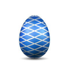 Easter egg 3D icon. Blue color egg, isolated white background. Bright realistic design, decoration for Happy Easter celebration. Holiday element. Shiny pattern. Spring symbol. Vector illustration