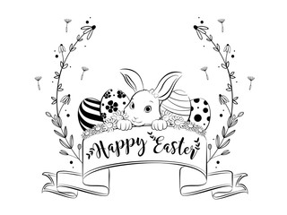 Happy Easter banner with floral wreath frame, hand drawing style. Vector Illustration