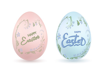 Easter egg 3D icon. Pastel eggs set, lettering, isolated white background. Floral design. Hand drawn flower decoration Happy Easter. Text element. Holiday pattern. Spring symbol. Vector illustration