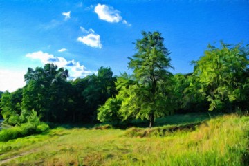 Fototapeta premium Oil digital paintings landscape, fine art, road in the forest