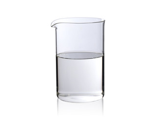 glass flask for the French press filled half with water on a white background