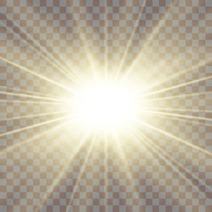 Sun rays. Starburst bright effect, isolated on transparent background. Gold light star flash. Abstract shine beams. Vibrant magic sparkle explosion. Glowing burst, lens effect. Vector illustration - obrazy, fototapety, plakaty