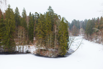 Landscape with a frozen lake and pine trees on hills