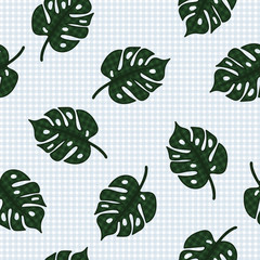 checkered cheese plant leaves on checks seamless vector pattern