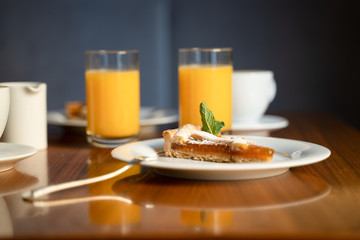 Dessert and orange juice