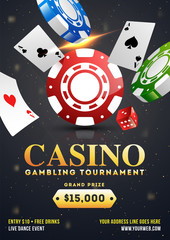 Casino Gambling tournament template design with realistic playing cards and casino chips on black bokeh background.