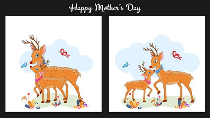 Happy Mother's Day greeting card set with cute reindeers character as mother and daughter.