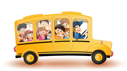 Back to school concept, illustration of school bus with cute kids character. © Abdul Qaiyoom