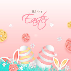 Creative spiral shape easter eggs with cute bunny ears and paper cut flowers decorated on pink background for Happy Easter greeting card design.