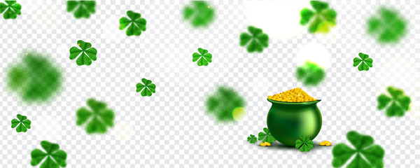 Clover leaves decorated transparent background with illustration of cauldron for St Patrick's Day celebration header or banner design.