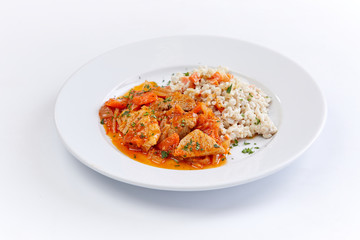 chicken wiht barley on the white background