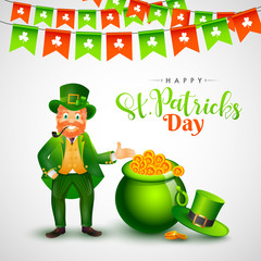 St. Patricks's Day Background with Happy Leprechaun's indicating towards coins pot.