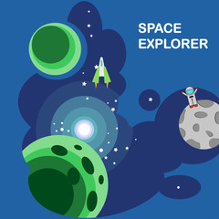 Naklejka premium Space rocket, spaceship with stars, planet isolated on background. Galaxy, universe concept. Vector flat cartoon design