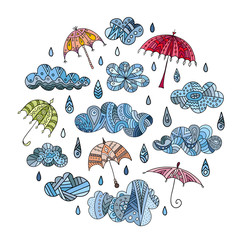 Banner with a composition of hand-drawn umbrellas, clouds, drops. Vector doodle illustration.