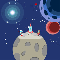 Naklejka premium Space rocket, spaceship with stars, planet isolated on background. Galaxy, universe concept. Astronaut on the moon. Vector flat cartoon design