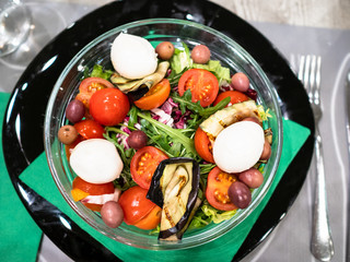 top view of salad from tomatoes with mozzarella