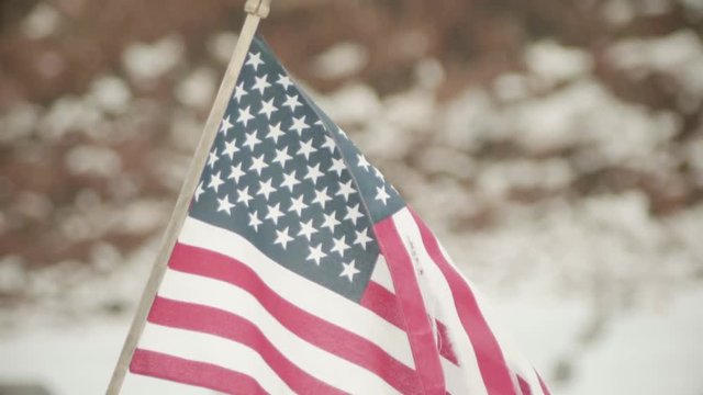 Worn American Flag Blowing in Wind in Cemetery