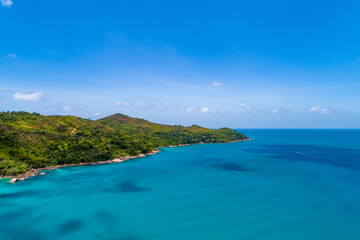 Aerial view of beautiful island at Seychelles in the Indian Ocean. Top view from drone