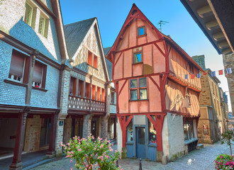 Colorful View of the Traditional Typical Streets and Picturesque Houses of the Old Medieval Town of Vitre, Ille Et Vilaine Department, Brittany, France