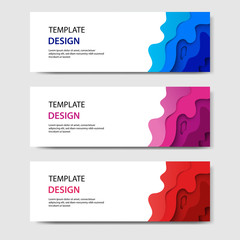 Horizontal banners with 3D abstract paper cut style. Vector design layout for web, banner, header, print flyers. Carving art in gradient blue, red and maroon color.