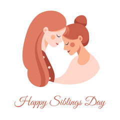 Side view of Two happy sisters hugging each other with love. Greeting card fo Happy Sibling Day. Vector