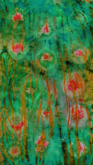 Abstract hand painted green fabriс background with orange irregular floral spots