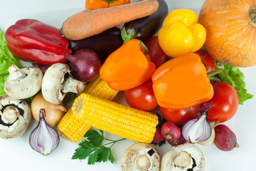 sweet pepper,eggplant,tomato and corn.isolated on a white background.