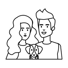 young couple with smartphone and dog