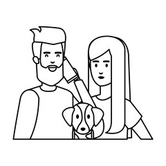 young couple with smartphone and dog