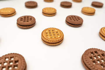 Delicious cookies with cream on a white background. Perspective