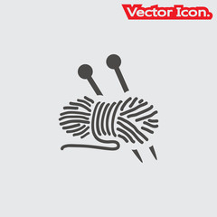 Yarn ball with knitting needles icon isolated sign symbol and flat style for app, web and digital design. Vector illustration.