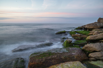 Colorful sea shore with green algae with long exposure water at sunset time