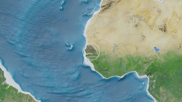 Senegal area presented against the global satellite map in the Kavrayskiy VII projection with animated oblique transformation