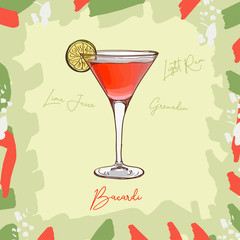 Bacardi cocktail illustration. Alcoholic classic bar drink hand drawn vector. Pop art