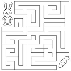 Maze game for preschool kids. Coloring page. Help the rabbit find right way to the carrot. Vector illustration.