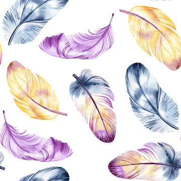 Vintage feathers design. Retro watercolour seamless pattern. Isolated on watercolor background. It can be used for card, postcard, cover, invitation, wedding card, mothers day card, birthday card