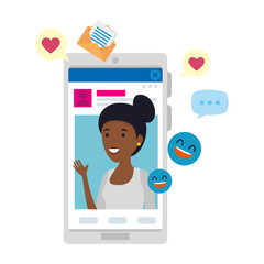 black woman with smartphone and social media icons