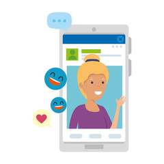 young woman in smartphone with social media icons