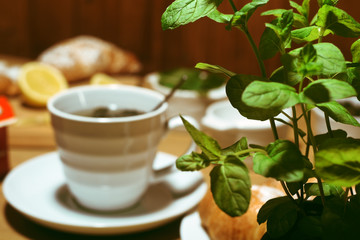 Mint in a pot on the background of a cup of tea. Croissants and lemons on the background. Green tea, homemade tea taste.